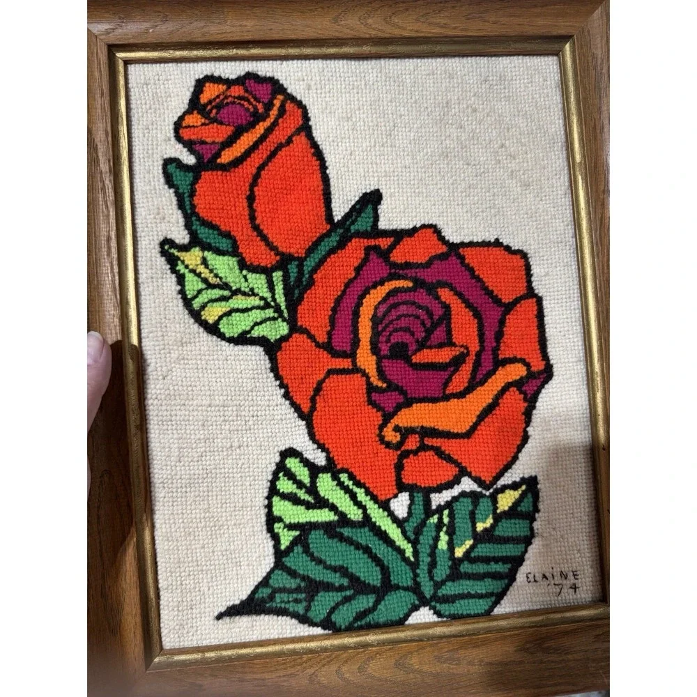 Vintage 1974 Finished Needlepoint Rose Framed Wall Art Retro 70s Punch Needle
